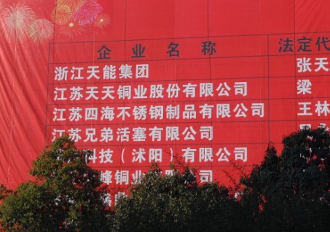 1月14日記者拍攝的聳立在沭陽縣迎賓大道上的巨幅納稅廣告牌，排名第一的是浙江天能。
