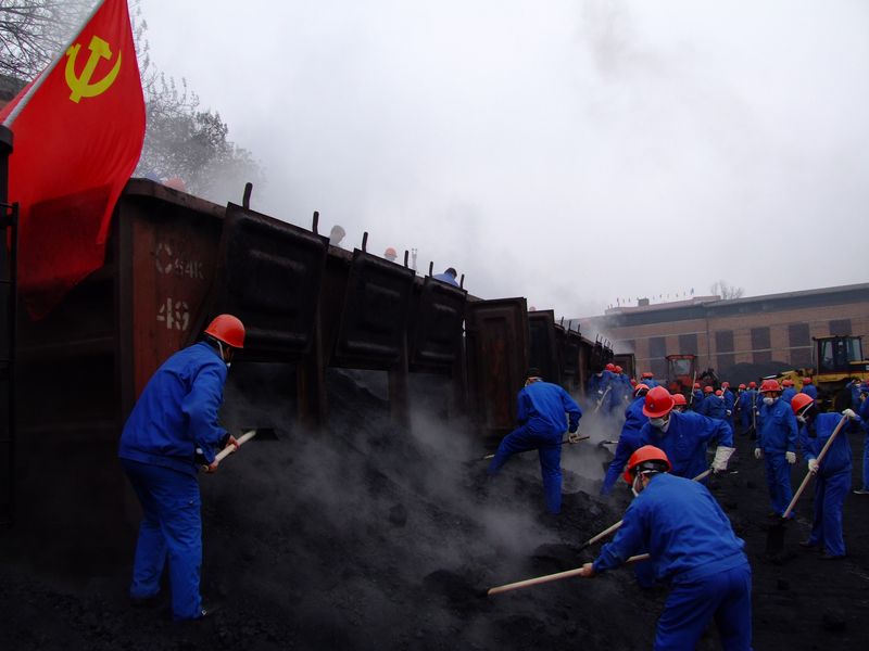 2月10日，中鋁貴州分公司及碳素廠部分黨員正爭先恐后卸車石油焦。
