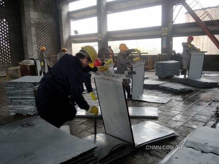華錫來冶公司2012年元月0#鋅產(chǎn)出率達(dá)78%，超出集團(tuán)公司當(dāng)月考核任務(wù)的28%，為2012年安全、質(zhì)量生產(chǎn)工作打開良好勢(shì)頭。圖為電解員工按標(biāo)準(zhǔn)化操作要求進(jìn)行剝鋅工作